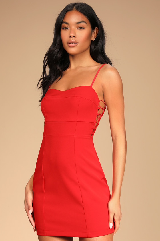 Red Bodycon Mini Dress - Lace-Up Side ...